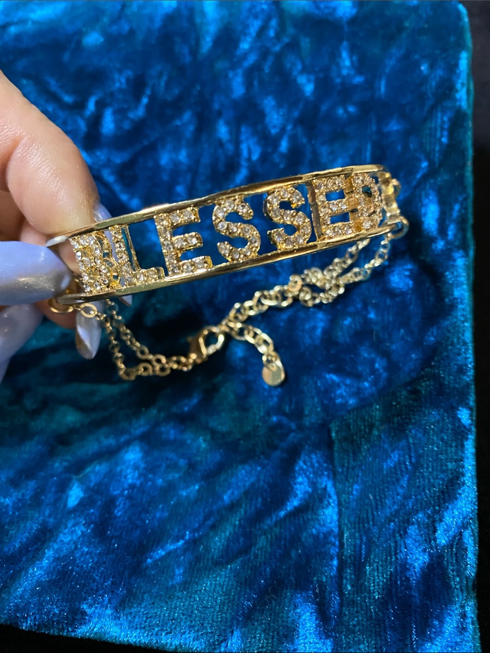 Y2K Vintage Blessed Gold tone Rhinestone Chain Link Statement Bracelet Gift